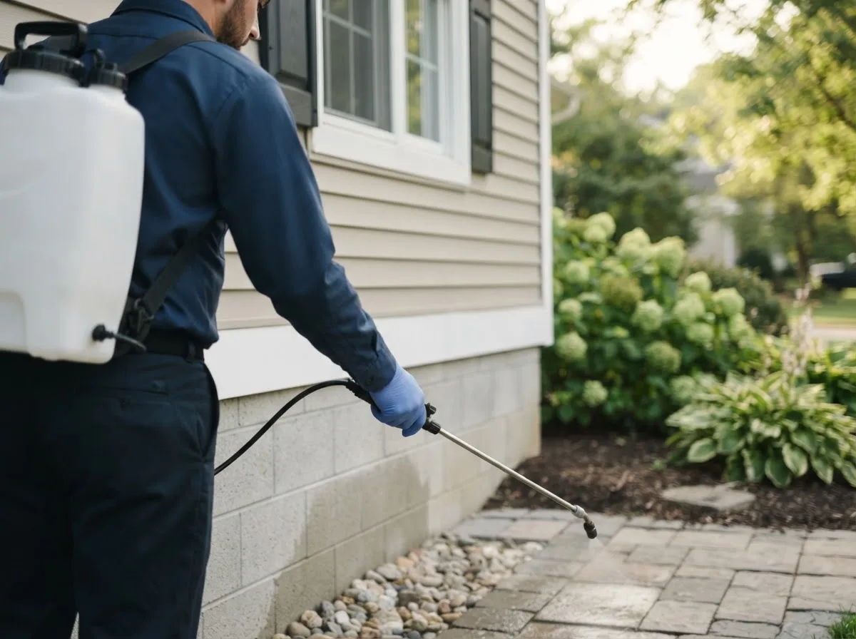 Pest control technician inspecting a home in Zimmerman, MN